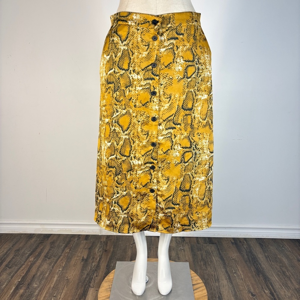 b.young Mustard Yellow Snake Print Midi Skirt Button Down Boho Office 38 (M)